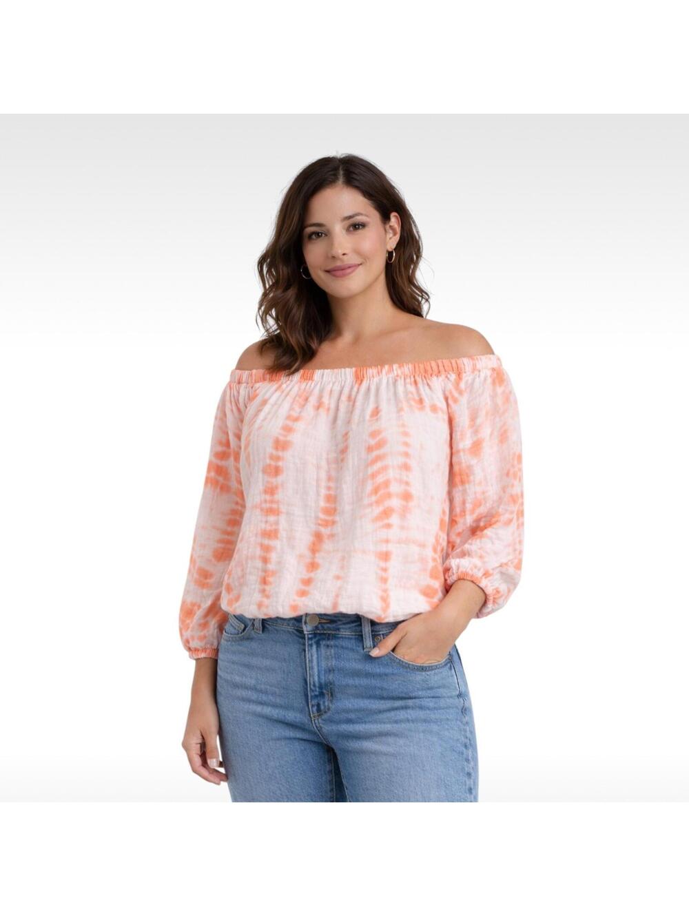 Michael Stars Tie Dye Off Shoulder Blouse Orange White Womens Large